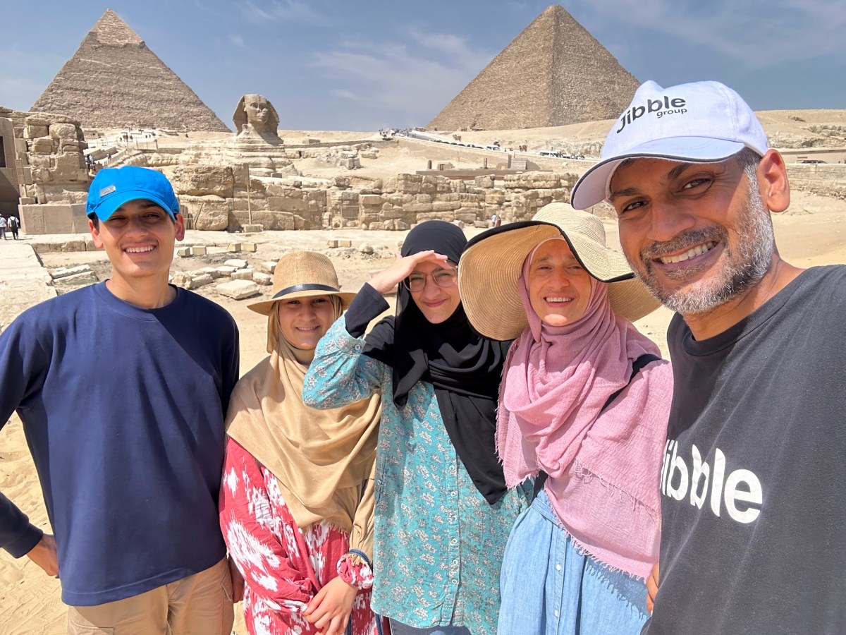 Homeschool family with Pyramids in background